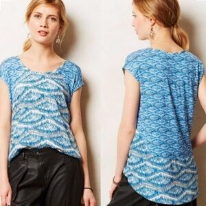 Akemi and Kin for Anthropologie Blue Print Cap Sleeve High Low Blouse